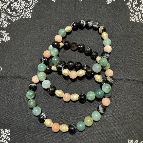 JUNGLE HIPPIE BRACELET - moss agate, sunstone, black agate, handmade trade beads - Picture 1 of 9
